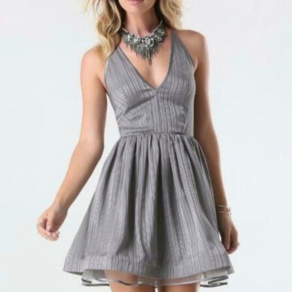 BEBE Lace back metallic magnolia frost Fit & Flare striped dress Size 2 - Picture 1 of 15